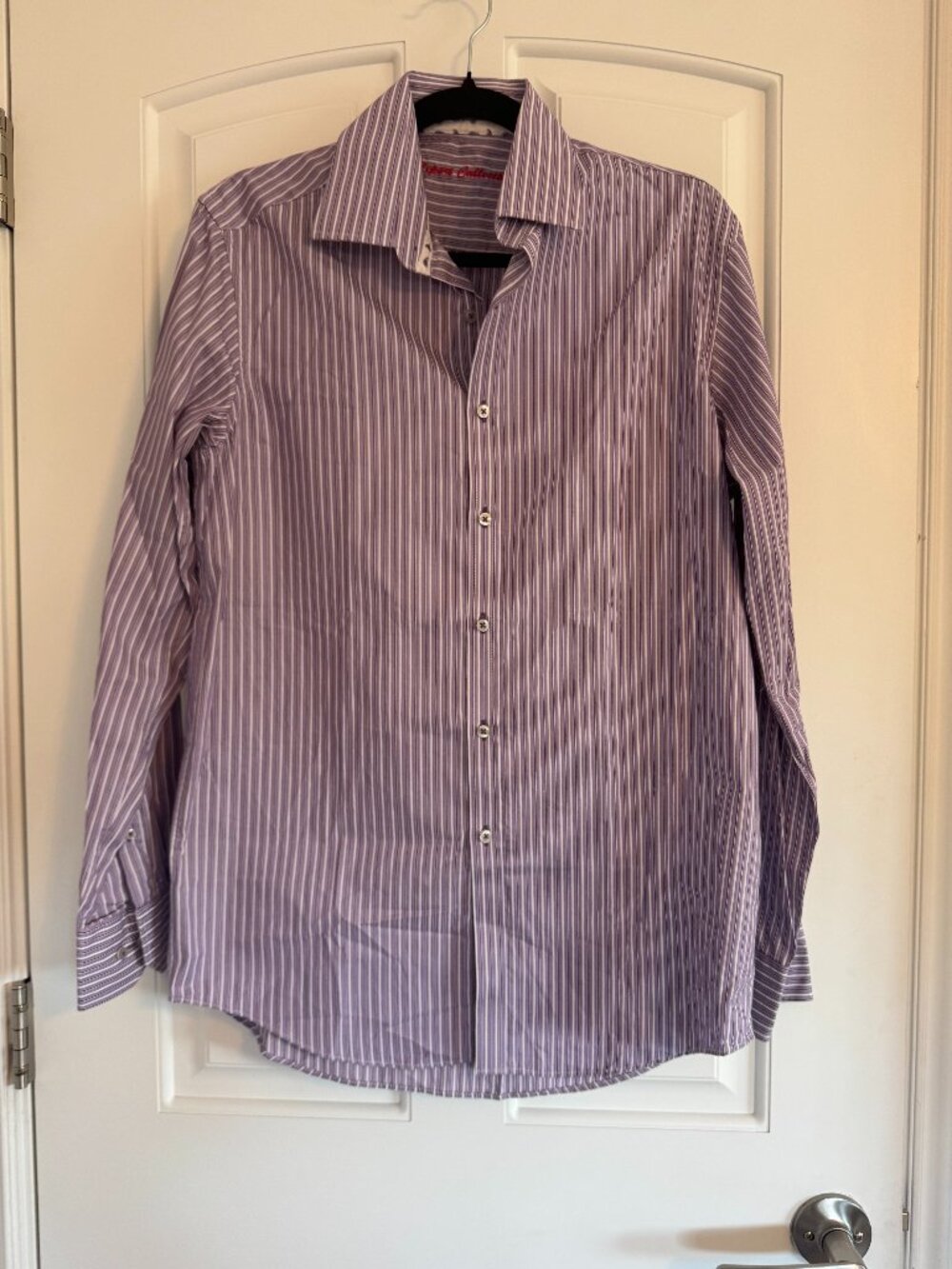 Men's S 15", 32-33" Report Collection Purple White Striped Dress Shirt Cotton